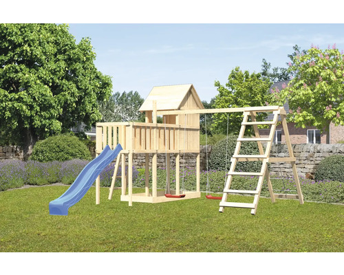 Tour de jeux cabane de jeux Karibu Frieda 107 x 107 cm en bois avec tour de base, extension, plateforme, rampe en filet, portique et toboggan Tour de jeux cabane de jeux Karibu Frieda 107 x 107 cm en bois avec tour de base, extension, plateforme, rampe en filet, portique et toboggan