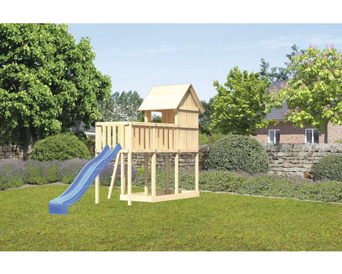 Spielturm Karibu Frieda 107 x 107 cm Holz bestehend aus Rutsche, Anbau, blau