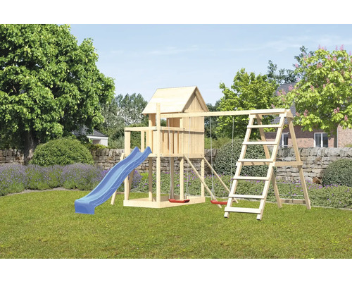 Spielturm Karibu Frieda 107 x 107 cm Holz bestehend aus Grundturm, Anbau, Netzrampe, Schaukel, Rutsche blau Spielturm Karibu Frieda 107 x 107 cm Holz bestehend aus Grundturm, Anbau, Netzrampe, Schaukel, Rutsche blau