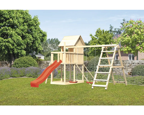 Spielturm Karibu Frieda 107 x 107 cm Holz bestehend aus Grundturm, Anbau, Plattform, Netzrampe, Schaukel, Rutsche, rot Spielturm Karibu Frieda 107 x 107 cm Holz bestehend aus Grundturm, Anbau, Plattform, Netzrampe, Schaukel, Rutsche, rot