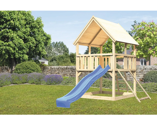 Spielturm Karibu Luis 200 x 200 cm Holz bestehend aus Grundturm, Rutsche, Netzrampe blau Spielturm Karibu Luis 200 x 200 cm Holz bestehend aus Grundturm, Rutsche, Netzrampe blau