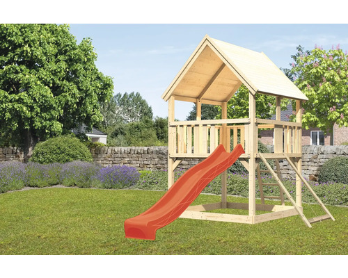 Tour de jeux cabane de jeux Karibu Luis 200 x 200 cm en bois composée, d'une tour de base, d'un toboggan, d'une rampe en filet rouge Tour de jeux cabane de jeux Karibu Luis 200 x 200 cm en bois composée, d'une tour de base, d'un toboggan, d'une rampe en filet rouge