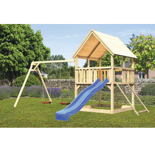 Aire de jeux avec balançoire et toboggan dans le jardin.