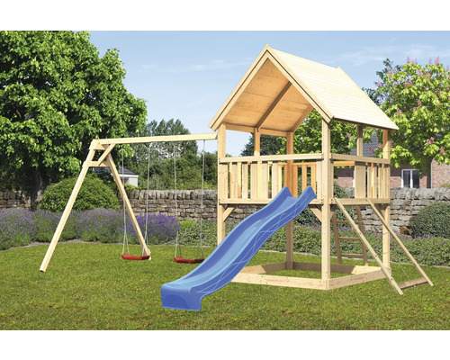Tour de jeux cabane de jeux Karibu Luis 200 x 200 cm en bois composée, d'une tour de base, d'un toboggan, de 2 balançoires, d'une rampe en filet bleu Tour de jeux cabane de jeux Karibu Luis 200 x 200 cm en bois composée, d'une tour de base, d'un toboggan, de 2 balançoires, d'une rampe en filet bleu