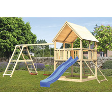 Aire de jeux avec toboggan, balançoire et échelle d''escalade en bois