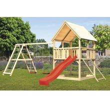 Spielplatz mit Rutsche, Schaukel und Klettergerüst aus Holz im Garten