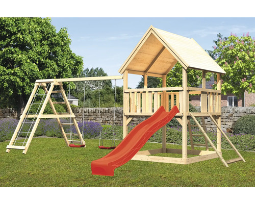 Spielturm Karibu Luis 200 x 200 cm Holz bestehend aus Grundturm, Rutsche, Kletterwand, Anbau, Schaukel rot Spielturm Karibu Luis 200 x 200 cm Holz bestehend aus Grundturm, Rutsche, Kletterwand, Anbau, Schaukel rot