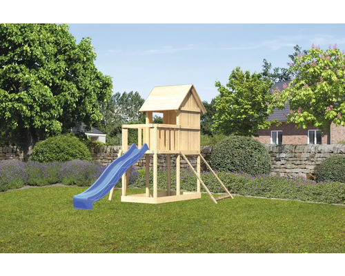 Tour de jeux cabane de jeux Karibu Frieda 107 x 107 cm en bois composée d'un toboggan, d'une rampe en filet Tour de jeux cabane de jeux Karibu Frieda 107 x 107 cm en bois composée d'un toboggan, d'une rampe en filet