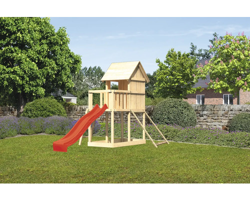 Tour de jeux cabane de jeux Karibu Frieda 107 x 107 cm en bois composée d'un toboggan, d'une rampe en filet Tour de jeux cabane de jeux Karibu Frieda 107 x 107 cm en bois composée d'un toboggan, d'une rampe en filet