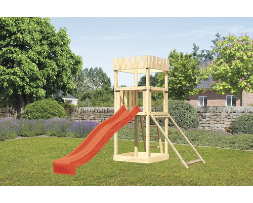 Spielturm Spielhaus Karibu Löwenherz 107 x 107 cm Holz bestehend aus Rutsche, Netzrampe rot