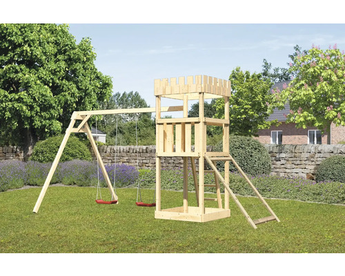 Tour de jeux cabane de jeux Karibu 107 x 107cm en bois avec 2 balançoires et rampe en filet