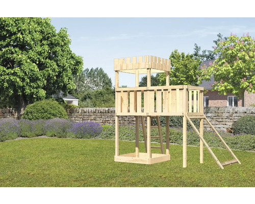 Tour de jeux cabane de jeux Karibu 107 x 107 cm en bois avec extension et rampe en filet Tour de jeux cabane de jeux Karibu 107 x 107 cm en bois avec extension et rampe en filet