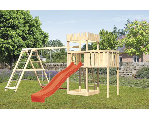 Tour de jeux cabane de jeux Karibu Löwenherz 107 x 107 cm en bois composée d'une extension, d'une tour de base, d'un toboggan rouge