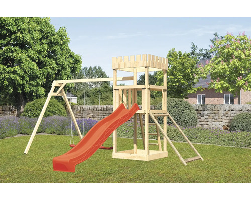 Tour de jeux cabane de jeux Karibu Löwenherz 107 x 107 cm en bois composée d'un toboggan, de 2 balançoires, d'une rampe en filet rouge Tour de jeux cabane de jeux Karibu Löwenherz 107 x 107 cm en bois composée d'un toboggan, de 2 balançoires, d'une rampe en filet rouge