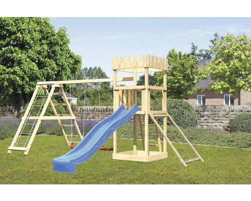 Tour de jeux cabane de jeux Karibu Löwenherz 107 x 107 cm en bois composée d'une extension, d'une tour de base, d'une rampe en filet, d'un portique, d'un toboggan bleu Tour de jeux cabane de jeux Karibu Löwenherz 107 x 107 cm en bois composée d'une extension, d'une tour de base, d'une rampe en filet, d'un portique, d'un toboggan bleu
