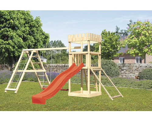 Tour de jeux cabane de jeux Karibu Löwenherz 107 x 107 cm en bois avec extension, tour de base et rampe en filet Tour de jeux cabane de jeux Karibu Löwenherz 107 x 107 cm en bois avec extension, tour de base et rampe en filet