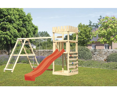Tour de jeux cabane de jeux Karibu 107 x 107 cm en bois composée d'une tour de base, d'une rampe en filet, d'un portique, d'un toboggan rouge Tour de jeux cabane de jeux Karibu 107 x 107 cm en bois composée d'une tour de base, d'une rampe en filet, d'un portique, d'un toboggan rouge