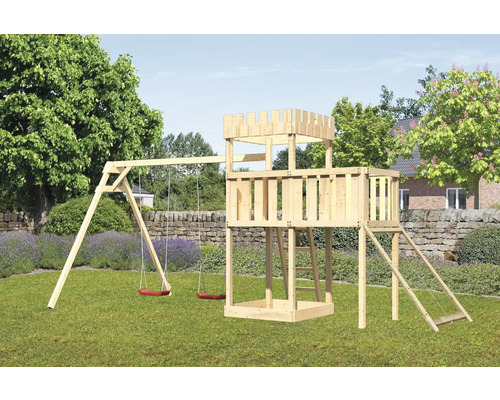 Tour de jeux cabane de jeux Karibu Löwenherz 107 x 107 cm en bois composée de 2 balançoires, d'une extension, d'une rampe en filet Tour de jeux cabane de jeux Karibu Löwenherz 107 x 107 cm en bois composée de 2 balançoires, d'une extension, d'une rampe en filet