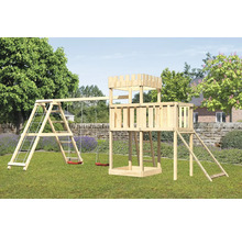 Aire de jeux avec balançoire, mur d''escalade et tour de jeux en bois