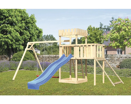 Tour de jeux cabane de jeux Karibu Löwenherz 107 x 107 cm en bois composée d'un toboggan, de 2 balançoires, d'une extension, d'une rampe en filet bleu Tour de jeux cabane de jeux Karibu Löwenherz 107 x 107 cm en bois composée d'un toboggan, de 2 balançoires, d'une extension, d'une rampe en filet bleu