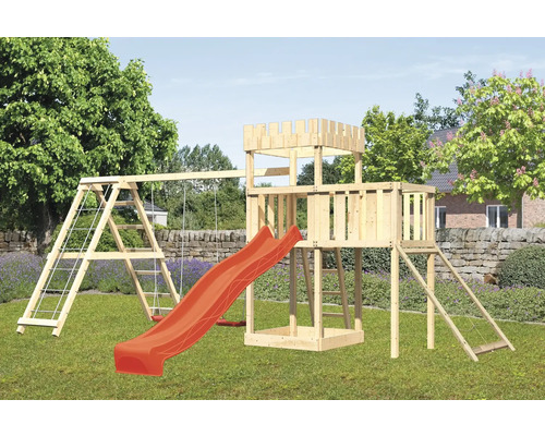 Tour de jeux cabane de jeux Karibu 107 x 107 cm en bois composée d'une extension, d'une tour de base, d'une rampe en filet, d'un portique, d'un toboggan rouge Tour de jeux cabane de jeux Karibu 107 x 107 cm en bois composée d'une extension, d'une tour de base, d'une rampe en filet, d'un portique, d'un toboggan rouge