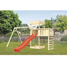 Holzspielplatz mit Schaukel, Rutsche, Kletterwand und Turm im Garten