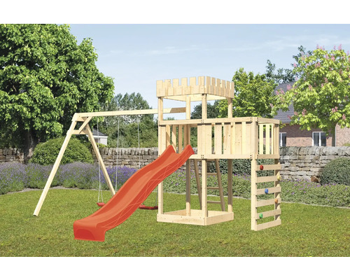 Tour de jeux cabane de jeux Karibu Löwenherz 107 x 107 cm en bois avec toboggan, 2 toboggans, extension et mur d'escalade Tour de jeux cabane de jeux Karibu Löwenherz 107 x 107 cm en bois avec toboggan, 2 toboggans, extension et mur d'escalade