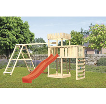 Tour de jeu avec toboggan, balançoire et mur d''escalade dans le jardin.