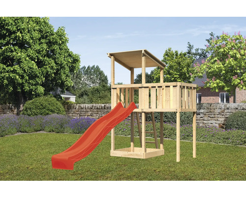 Tour de jeux cabane de jeux Karibu Anna 107 x 107 cm en bois composée d'un toboggan, d'une extension rouge