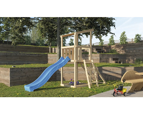 Tour de jeux cabane de jeux Karibu Anna 107 x 107 cm en bois composée d'un toboggan, d'une rampe en filet bleu