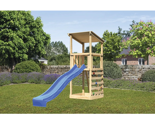 Tour de jeux cabane de jeux Karibu 107 x 107 cm en bois composée d'un toboggan, d'un mur d'escalade Tour de jeux cabane de jeux Karibu 107 x 107 cm en bois composée d'un toboggan, d'un mur d'escalade