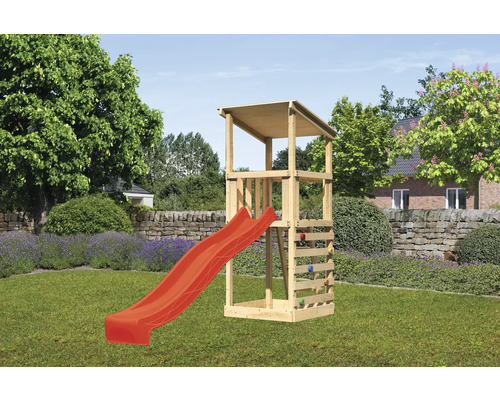 Tour de jeux cabane de jeux Karibu Anna 107 x 107 cm en bois avec toboggan et mur d'escalade