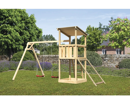 Spielturm Spielhaus Karibu Anna 107 x 107 cm Holz bestehend aus 2 Brettschaukeln, Netzrampe