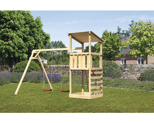 Tour de jeux cabane de jeux Karibu Anna 107 x 107 cm en bois avec 2 balançoires et mur d'escalade Tour de jeux cabane de jeux Karibu Anna 107 x 107 cm en bois avec 2 balançoires et mur d'escalade