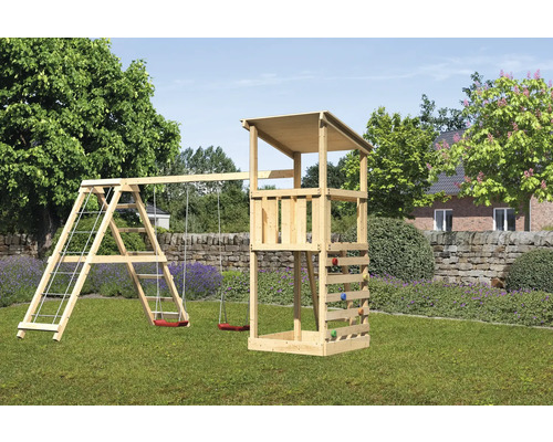 Tour de jeux cabane de jeux Karibu Anna 107 x 107 cm en bois composée d'une tour de base, d'un portique, d'une plateforme, rouge Tour de jeux cabane de jeux Karibu Anna 107 x 107 cm en bois composée d'une tour de base, d'un portique, d'une plateforme, rouge