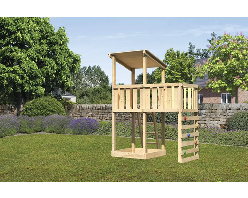 Tour de jeux cabane de jeux Karibu Anna 107 x 107 cm en bois avec extension et mur d'escalade