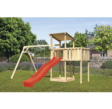 Tour de jeu en bois avec balançoire et toboggan dans le jardin