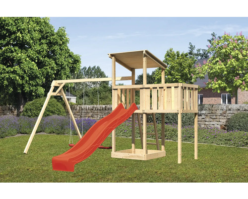 Tour de jeux cabane de jeux Karibu Anna 107 x 107 cm en bois avec toboggan, 2 balançoires et extension Tour de jeux cabane de jeux Karibu Anna 107 x 107 cm en bois avec toboggan, 2 balançoires et extension