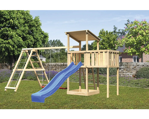Tour de jeux cabane de jeux Karibu Anna 107 x 107 cm en bois composée d'une extension, d'une tour de base, d'une rampe en filet, d'un toboggan, d'une plateforme, d'un portique bleu Tour de jeux cabane de jeux Karibu Anna 107 x 107 cm en bois composée d'une extension, d'une tour de base, d'une rampe en filet, d'un toboggan, d'une plateforme, d'un portique bleu