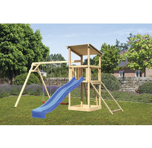 Aire de jeux avec balançoire, toboggan, tour et échelle sur gazon
