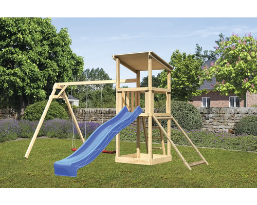 Tour de jeux cabane de jeux Karibu Anna 107 x 107 cm en bois composée d'un toboggan, de 2 balançoires, d'une rampe en filet bleu