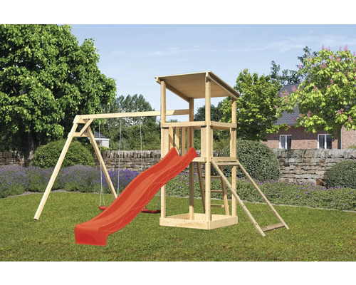 Tour de jeux cabane de jeux Karibu Anna 107 x 107 cm en bois composée d'un toboggan, de 2 balançoires, d'une rampe en filet rouge