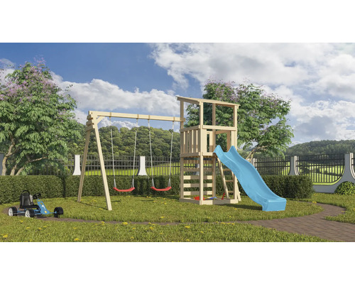 Tour de jeux cabane de jeux Karibu 107 x 107 cm en bois composée d'un toboggan, de 2 balançoires, d'un mur d'escalade bleu