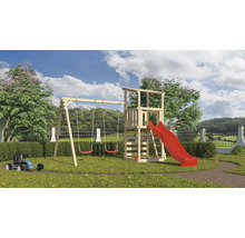 Aire de jeux avec balançoire et toboggan dans le jardin