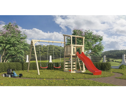 Tour de jeux cabane de jeux Karibu Anna 107 x 107 cm en bois composée d'un toboggan, de 2 balançoires, d'un mur d'escalade Tour de jeux cabane de jeux Karibu Anna 107 x 107 cm en bois composée d'un toboggan, de 2 balançoires, d'un mur d'escalade