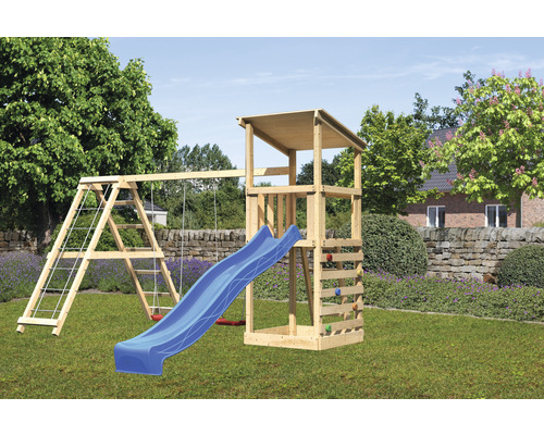 Tour de jeux cabane de jeux Karibu Anna 107 x 107 cm en bois composée d'une tour de base, d'un mur d'escalade, d'un toboggan, d'une plateforme, d'un portique bleu