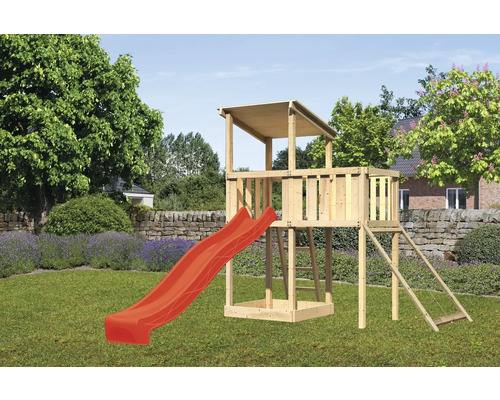 Tour de jeux cabane de jeux Karibu Anna 107 x 107 cm en bois composée d'un toboggan, d'une extension, d'une rampe en filet rouge Tour de jeux cabane de jeux Karibu Anna 107 x 107 cm en bois composée d'un toboggan, d'une extension, d'une rampe en filet rouge