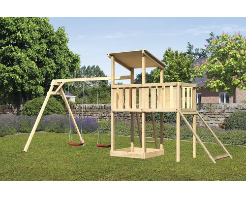 Tour de jeux cabane de jeux Karibu Anna 107 x 107 cm en bois avec 2 balançoires, extension et rampe en filet