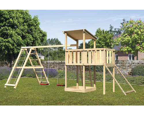Tour de jeux cabane de jeux Karibu Anna 107 x 107 cm en bois composée d'une extension, d'une tour de base, d'une rampe en filet, d'une plateforme, d'un portique rouge