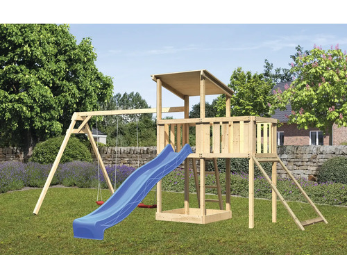 Tour de jeux cabane de jeux Karibu Anna 107 x 107 cm en bois composée d'un toboggan, de 2 balançoires, d'une extension, d'une rampe en filet Tour de jeux cabane de jeux Karibu Anna 107 x 107 cm en bois composée d'un toboggan, de 2 balançoires, d'une extension, d'une rampe en filet